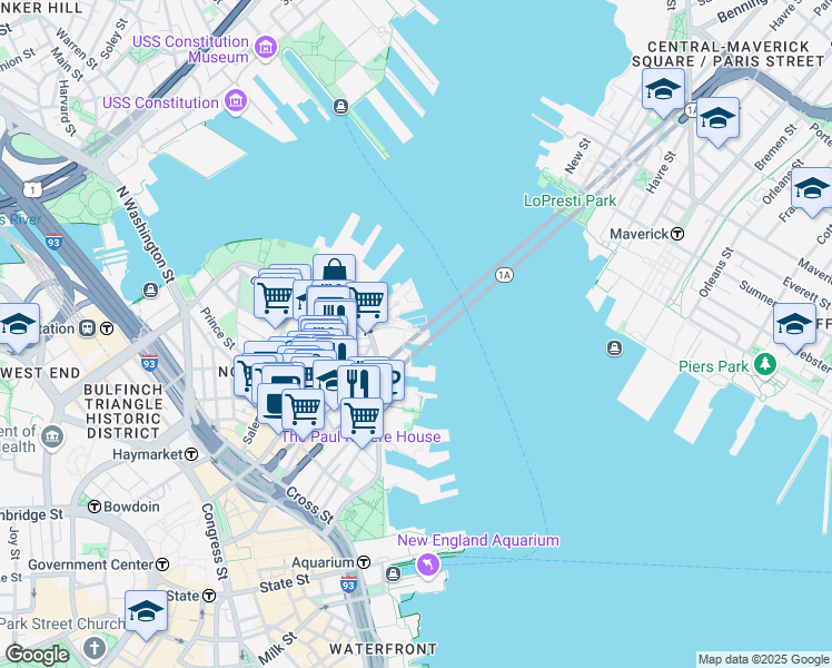 map of restaurants, bars, coffee shops, grocery stores, and more near 40 Battery Street in Boston