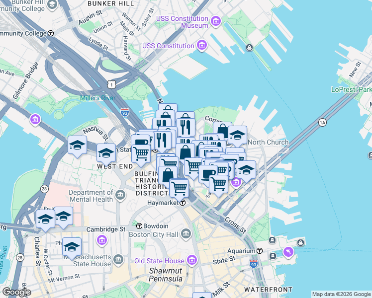 map of restaurants, bars, coffee shops, grocery stores, and more near 7 Endicott Court in Boston