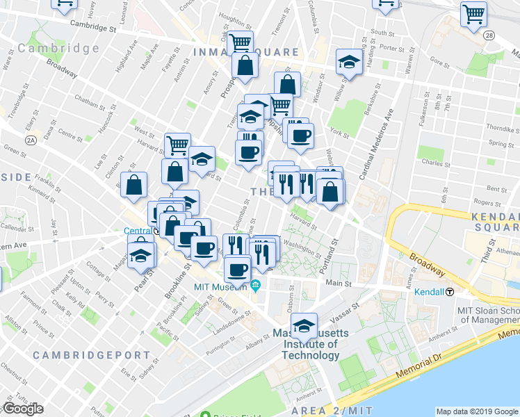 map of restaurants, bars, coffee shops, grocery stores, and more near 130 Pine Street in Cambridge