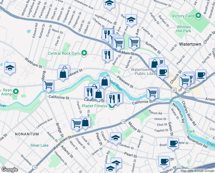 map of restaurants, bars, coffee shops, grocery stores, and more near 2 Los Angeles Street in Newton