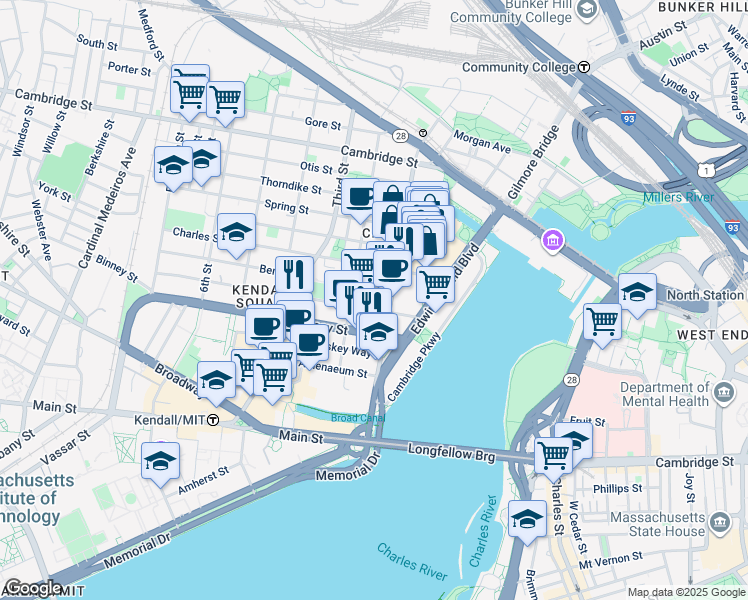 map of restaurants, bars, coffee shops, grocery stores, and more near 33 Rogers Street in Cambridge