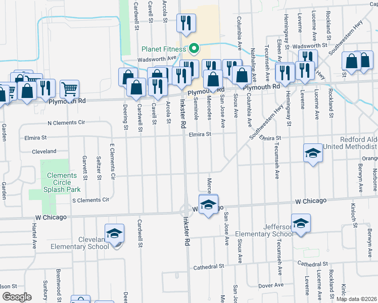 map of restaurants, bars, coffee shops, grocery stores, and more near 9972 Inkster Road in Redford Charter Township