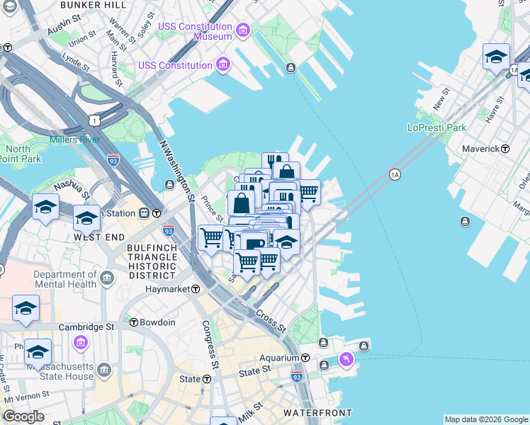 map of restaurants, bars, coffee shops, grocery stores, and more near 4 Charter Street in Boston