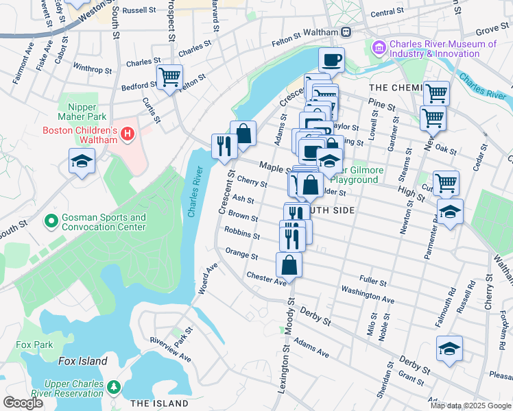 map of restaurants, bars, coffee shops, grocery stores, and more near 139 Adams Street in Waltham