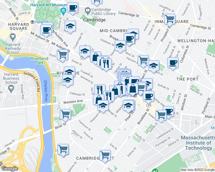 map of restaurants, bars, coffee shops, grocery stores, and more near 355 Franklin Street in Cambridge