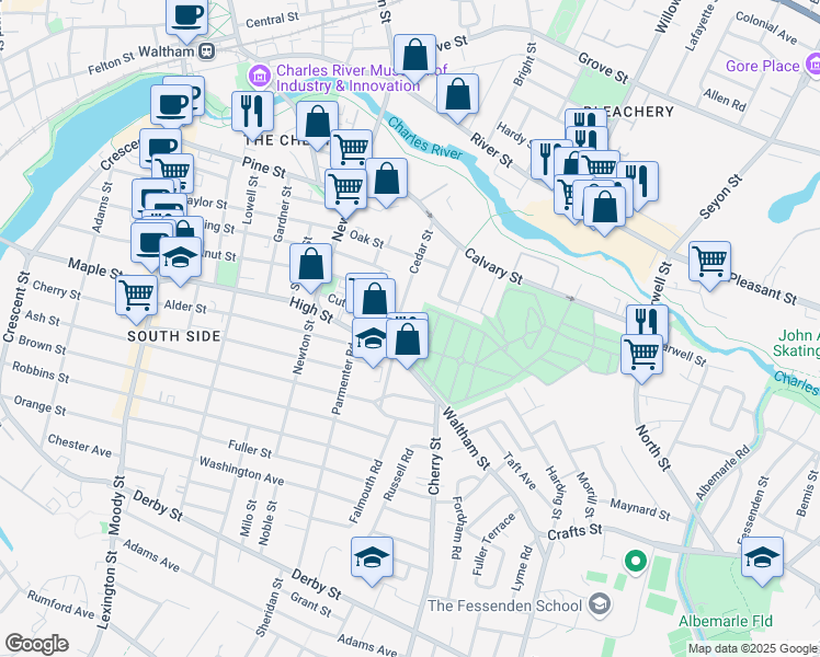 map of restaurants, bars, coffee shops, grocery stores, and more near 88 Cedar Street in Waltham