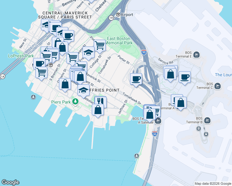 map of restaurants, bars, coffee shops, grocery stores, and more near 210 Everett Street in Boston