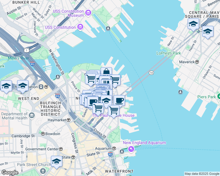 map of restaurants, bars, coffee shops, grocery stores, and more near 16 Battery Street in Boston