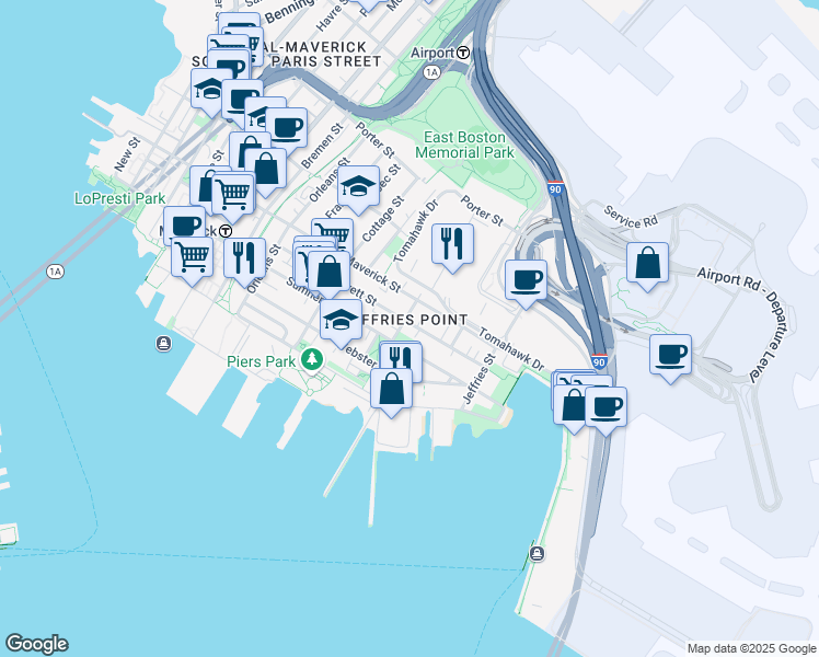 map of restaurants, bars, coffee shops, grocery stores, and more near 430 Sumner Street in Boston