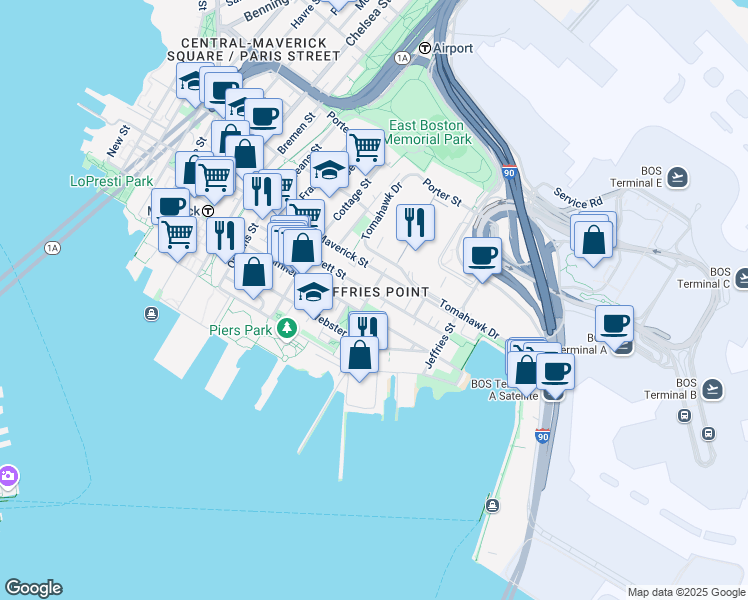 map of restaurants, bars, coffee shops, grocery stores, and more near 430 Sumner Street in Boston