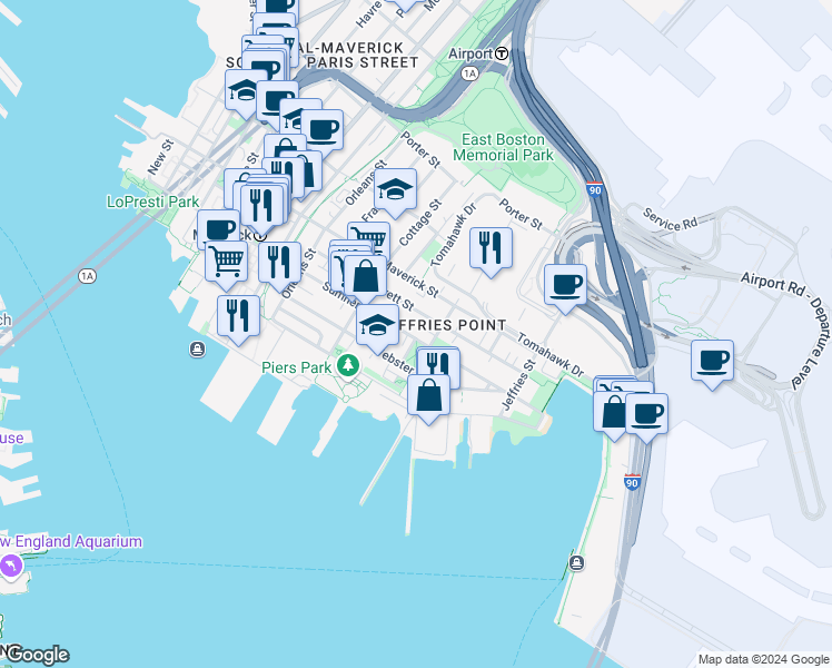 map of restaurants, bars, coffee shops, grocery stores, and more near 403 Sumner Street in Boston