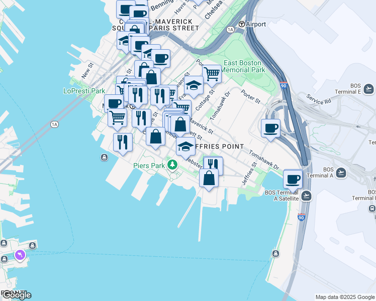 map of restaurants, bars, coffee shops, grocery stores, and more near 141 Webster Street in Boston