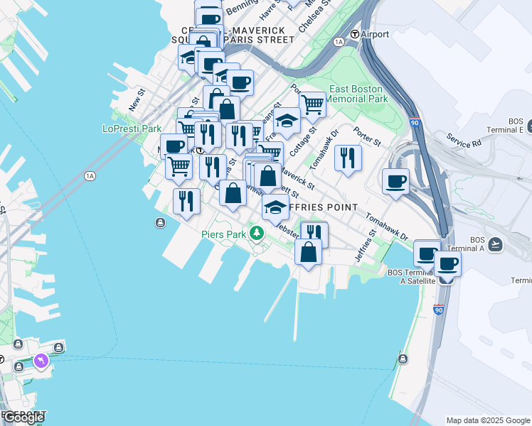 map of restaurants, bars, coffee shops, grocery stores, and more near 141 Webster Street in Boston