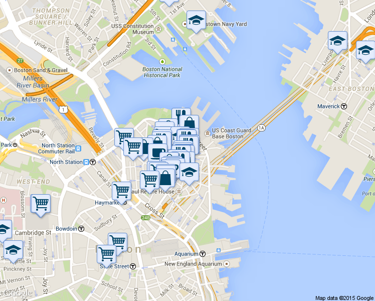 map of restaurants, bars, coffee shops, grocery stores, and more near 4 Charter Street in Boston
