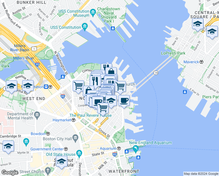 map of restaurants, bars, coffee shops, grocery stores, and more near 4 Charter Street in Boston