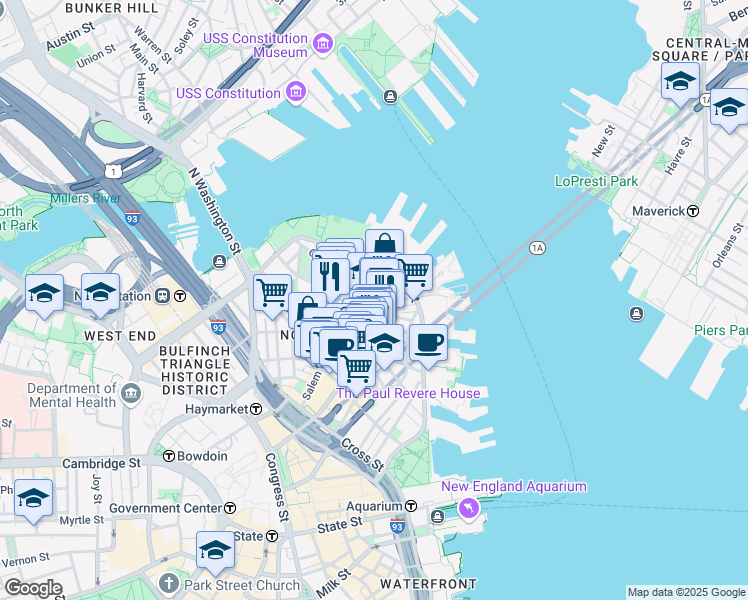 map of restaurants, bars, coffee shops, grocery stores, and more near 4 Charter Street in Boston