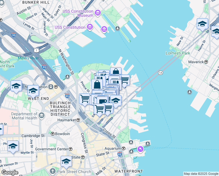 map of restaurants, bars, coffee shops, grocery stores, and more near 4 Charter Street in Boston