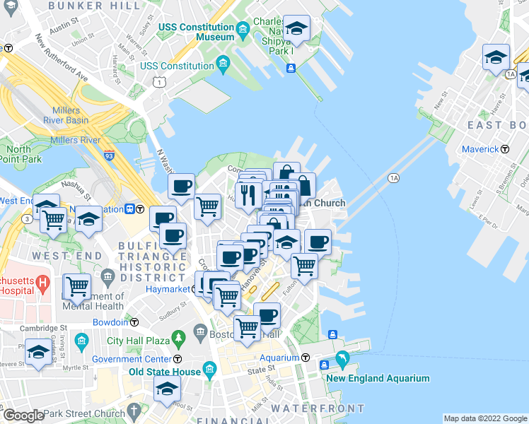 map of restaurants, bars, coffee shops, grocery stores, and more near 4 Charter Street in Boston