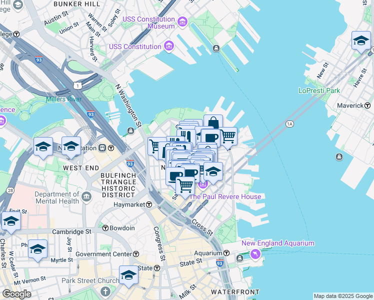 map of restaurants, bars, coffee shops, grocery stores, and more near in Boston