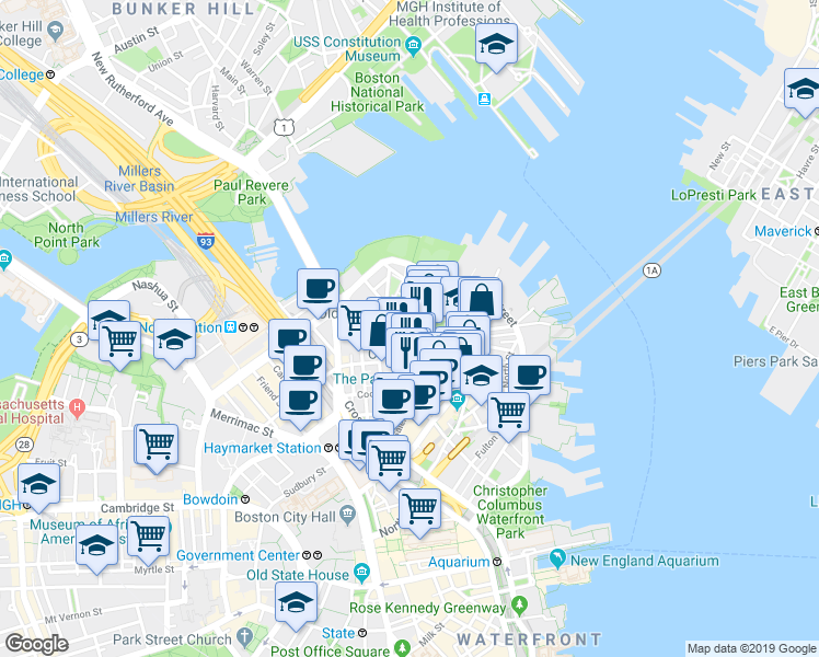 map of restaurants, bars, coffee shops, grocery stores, and more near in Boston