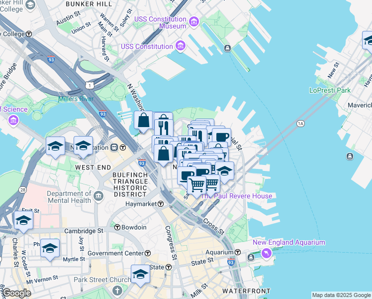 map of restaurants, bars, coffee shops, grocery stores, and more near 3 Snow Hill Street in Boston