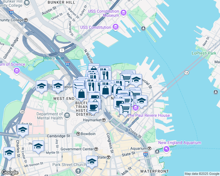 map of restaurants, bars, coffee shops, grocery stores, and more near 7 Endicott Court in Boston