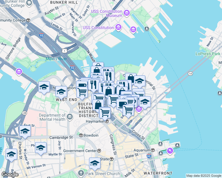 map of restaurants, bars, coffee shops, grocery stores, and more near 7 Endicott Court in Boston