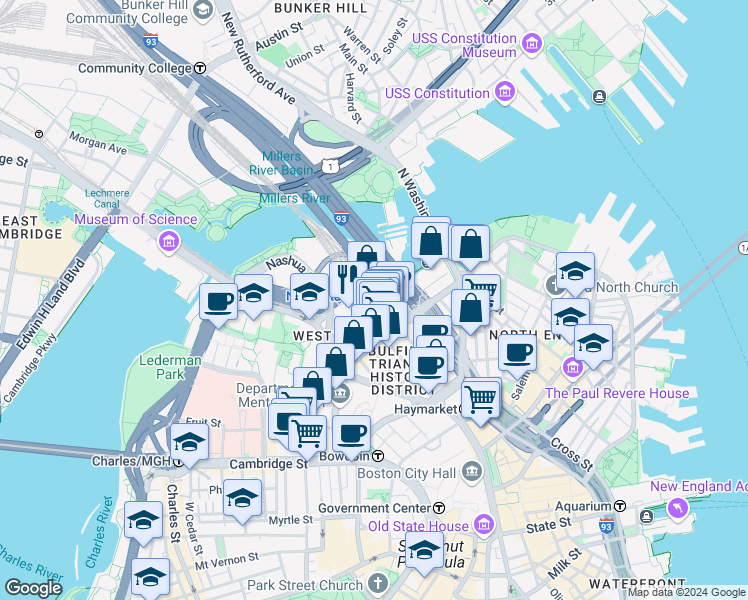 map of restaurants, bars, coffee shops, grocery stores, and more near 135 Causeway Street in Boston