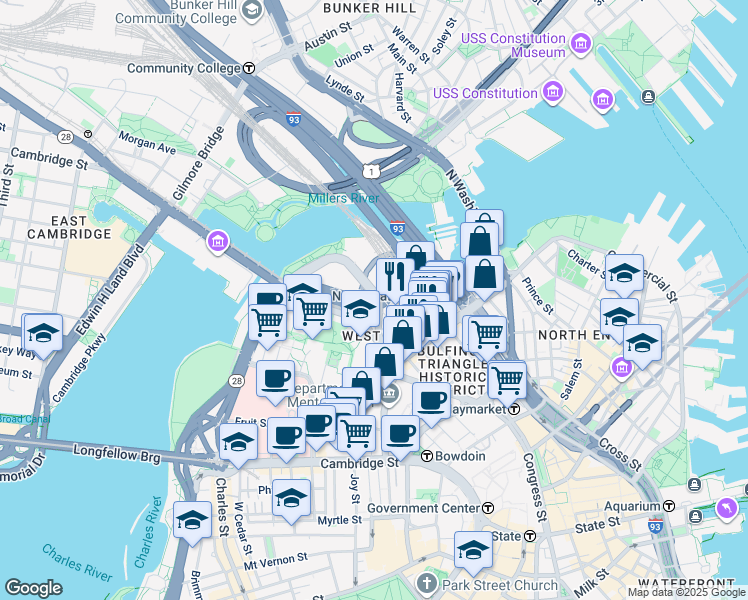 map of restaurants, bars, coffee shops, grocery stores, and more near in Boston