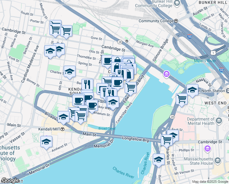 map of restaurants, bars, coffee shops, grocery stores, and more near 33 Rogers Street in Cambridge