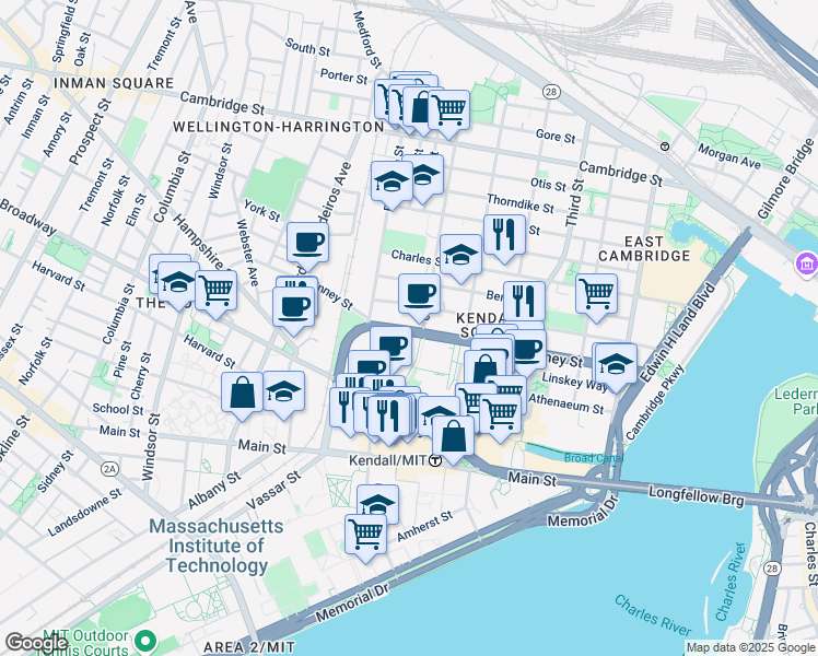 map of restaurants, bars, coffee shops, grocery stores, and more near 264 Binney Street in Cambridge