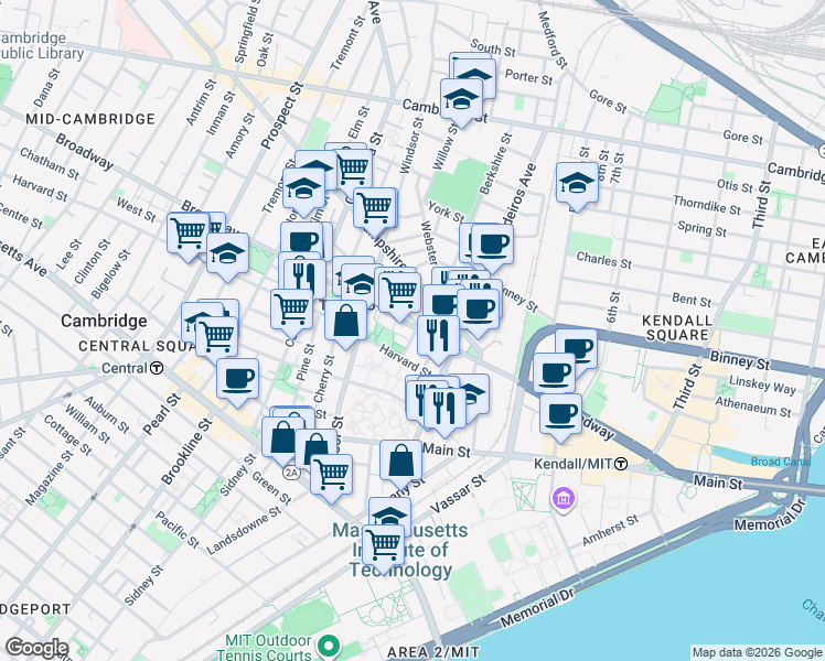 map of restaurants, bars, coffee shops, grocery stores, and more near 89 Moore Street in Cambridge