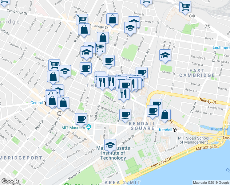 map of restaurants, bars, coffee shops, grocery stores, and more near 89 Moore Street in Cambridge