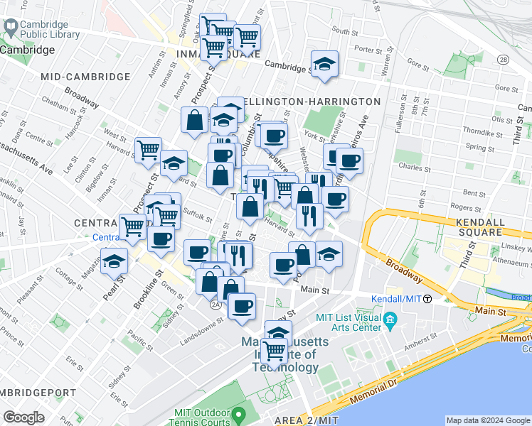 map of restaurants, bars, coffee shops, grocery stores, and more near 8 Harvard Street in Cambridge