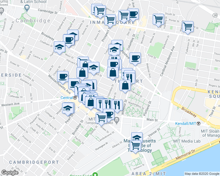 map of restaurants, bars, coffee shops, grocery stores, and more near in Cambridge