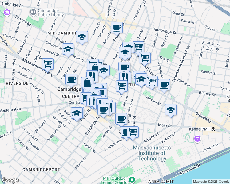 map of restaurants, bars, coffee shops, grocery stores, and more near 385 Washington Street in Cambridge
