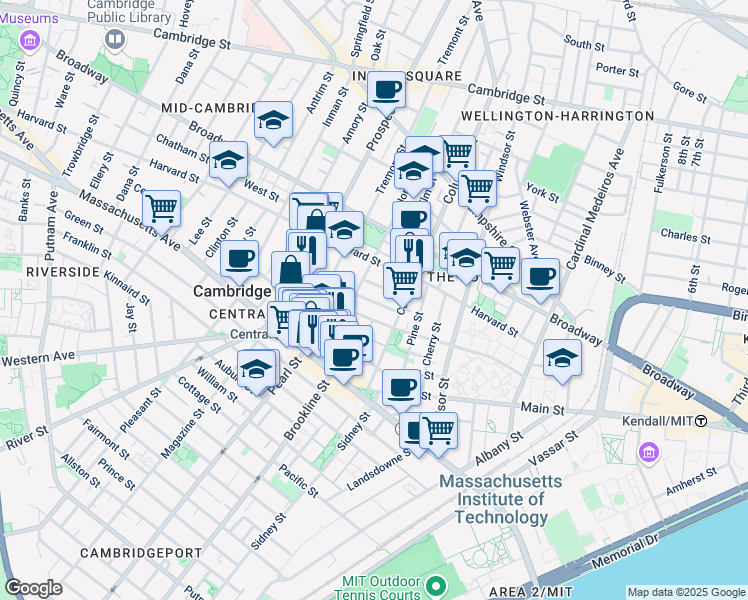 map of restaurants, bars, coffee shops, grocery stores, and more near 385 Washington Street in Cambridge