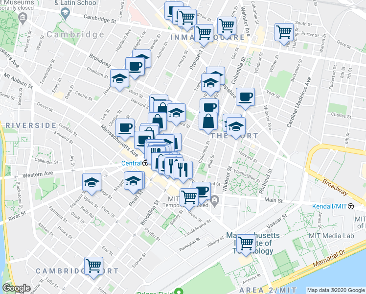 map of restaurants, bars, coffee shops, grocery stores, and more near 385 Washington Street in Cambridge