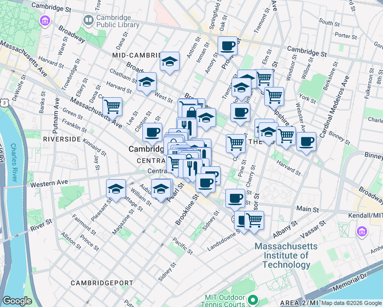 map of restaurants, bars, coffee shops, grocery stores, and more near 5 Ashburton Place in Cambridge