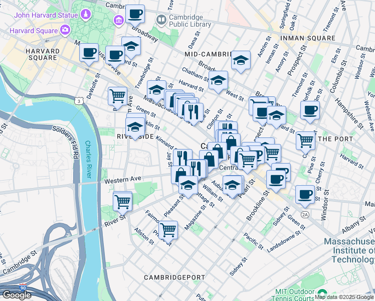 map of restaurants, bars, coffee shops, grocery stores, and more near in Cambridge