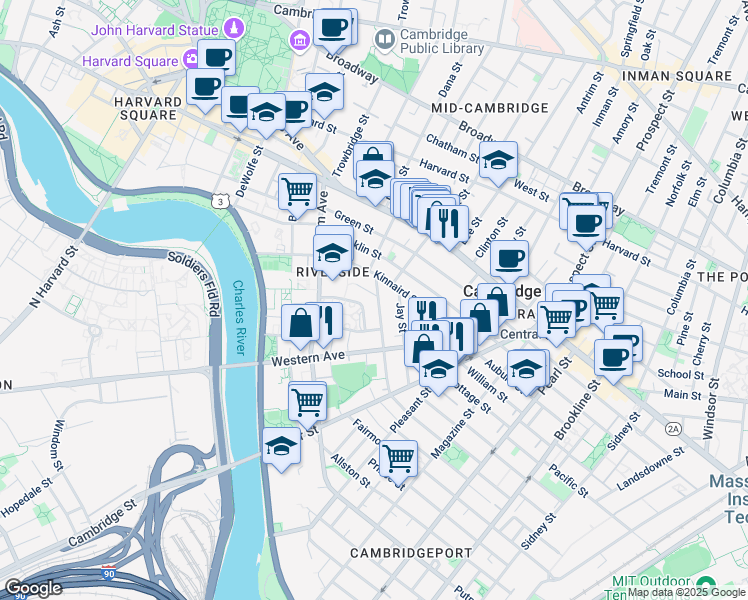 map of restaurants, bars, coffee shops, grocery stores, and more near 49 Jay Street in Cambridge