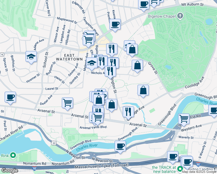 map of restaurants, bars, coffee shops, grocery stores, and more near 104 Arlington Street in Watertown
