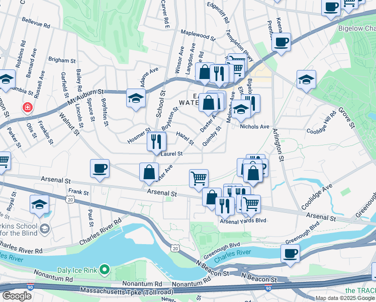 map of restaurants, bars, coffee shops, grocery stores, and more near 53 Laurel Street in Watertown