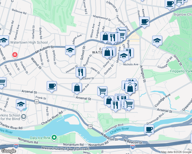map of restaurants, bars, coffee shops, grocery stores, and more near 53 Laurel Street in Watertown