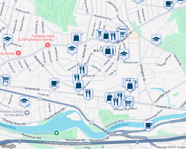 map of restaurants, bars, coffee shops, grocery stores, and more near 29 Laurel Street in Watertown