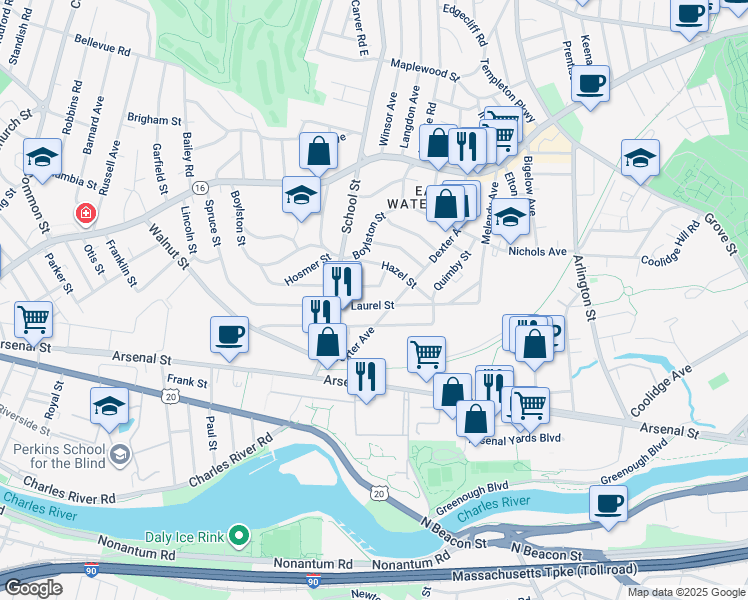 map of restaurants, bars, coffee shops, grocery stores, and more near 29 Laurel Street in Watertown