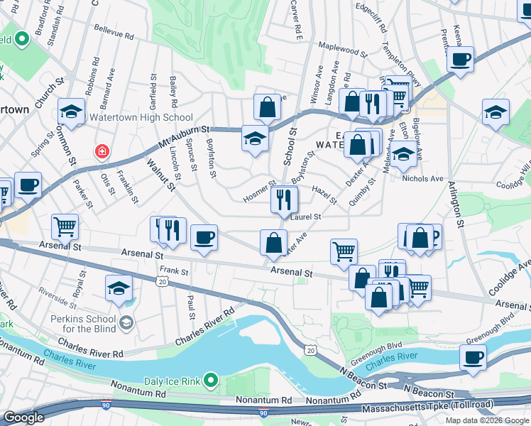 map of restaurants, bars, coffee shops, grocery stores, and more near 155 Spruce Street in Watertown