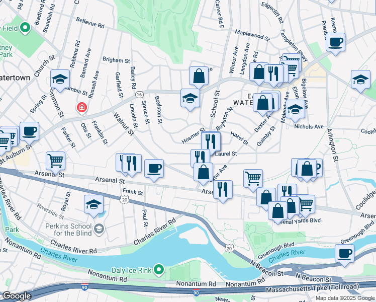 map of restaurants, bars, coffee shops, grocery stores, and more near 155 Spruce Street in Watertown