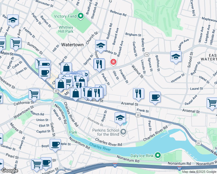 map of restaurants, bars, coffee shops, grocery stores, and more near 55 Phillips Street in Watertown