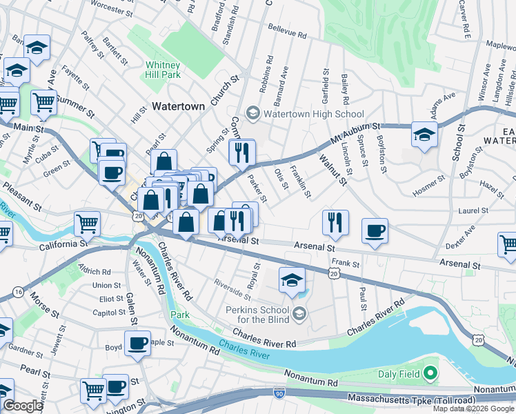 map of restaurants, bars, coffee shops, grocery stores, and more near 55 Phillips Street in Watertown
